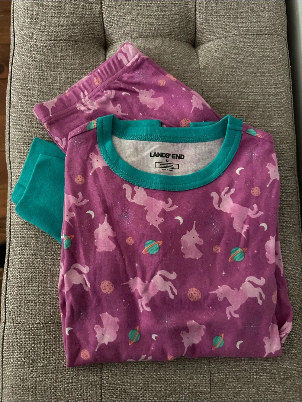 Lands' End Girls' Pink Patterned Heart & Smile Pajama Set with Blue Trim Bundle